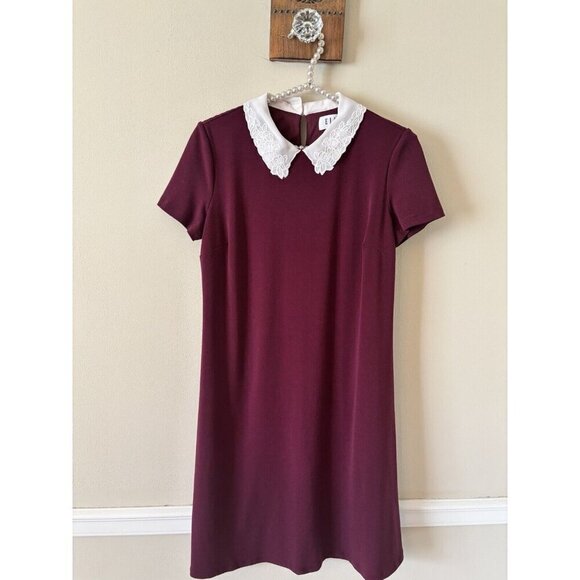 Elle Womens Size Small Burgundy Shift Dress Peter Pan Embroidered Collar - Picture 1 of 5